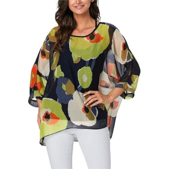 Plus Size Floral Chiffon Tunics Blouses for Women Batwing Summer Boho Shirts - Picture 3 of 8